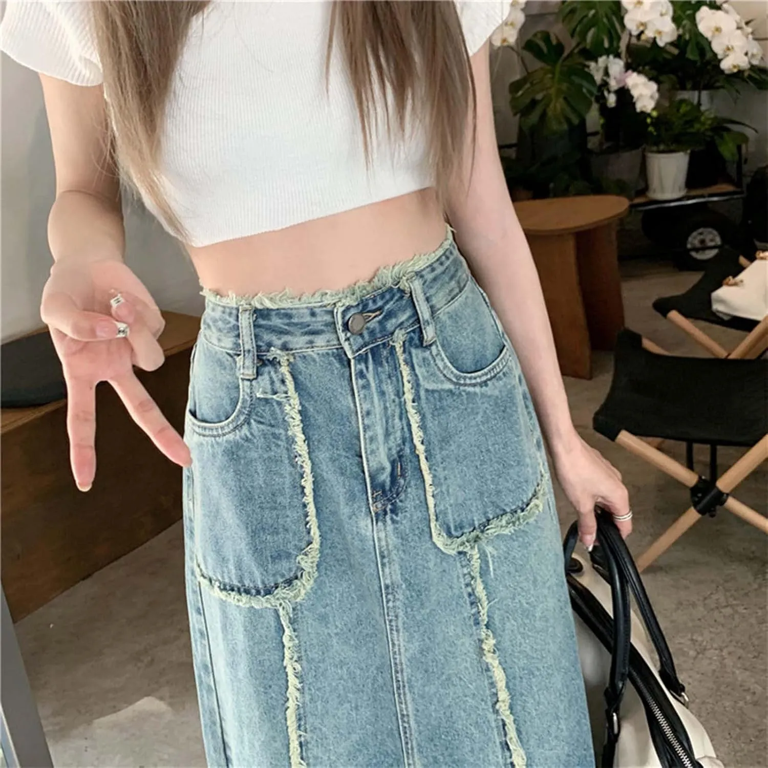 Womens Long Denim Skirt Retro A-Line Stretch Jean Skirt for Women High Waisted Casual Denim Maxi Skirt with Pockets