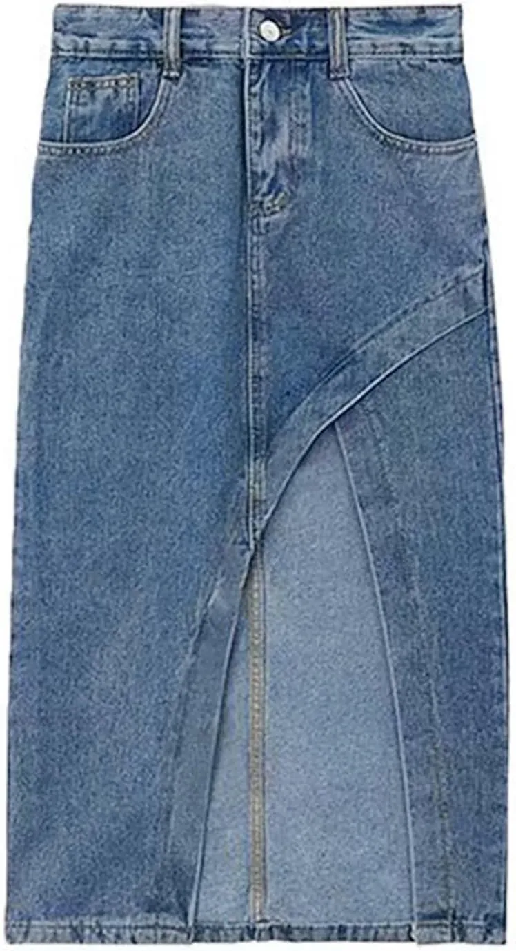 Womens Long Denim Skirt Retro A-Line Stretch Jean Skirt for Women High Waisted Casual Denim Maxi Skirt with Pockets