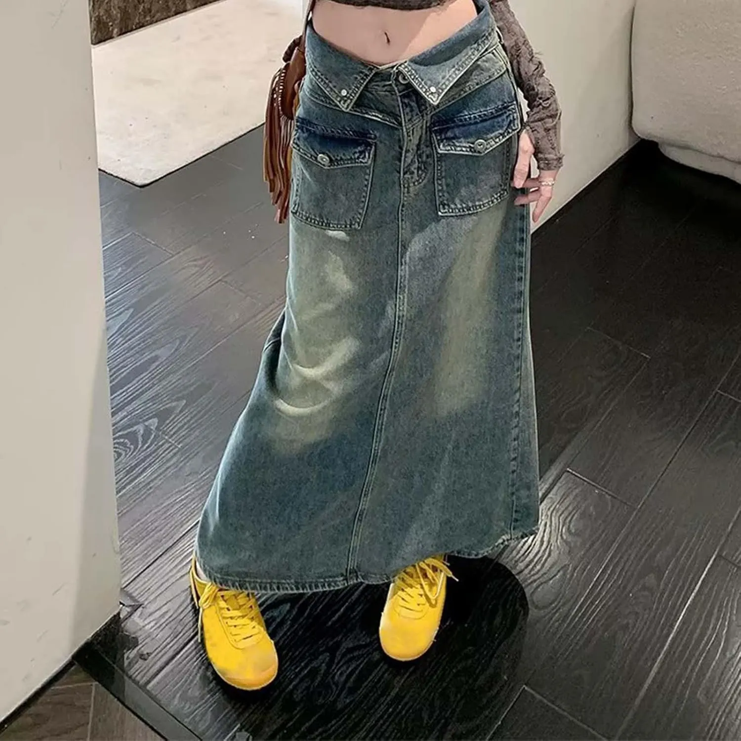 Womens Long Denim Skirt Retro A-Line Stretch Jean Skirt for Women High Waisted Casual Denim Maxi Skirt with Pockets