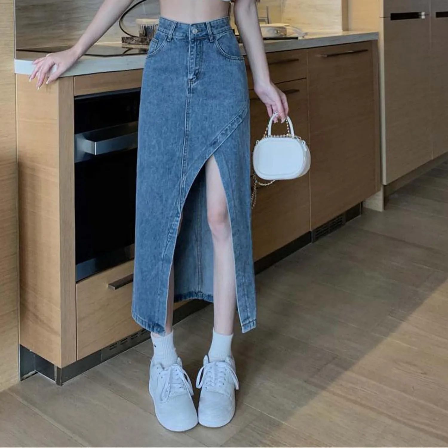 Womens Long Denim Skirt Retro A-Line Stretch Jean Skirt for Women High Waisted Casual Denim Maxi Skirt with Pockets