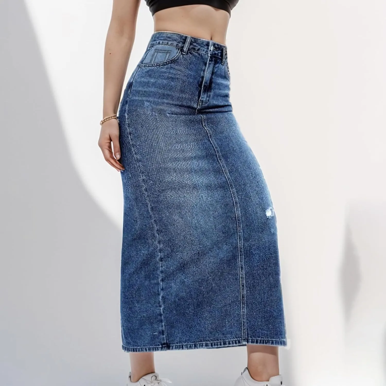 Womens Long Denim Skirt Retro A-Line Stretch Jean Skirt for Women High Waisted Casual Denim Maxi Skirt with Pockets
