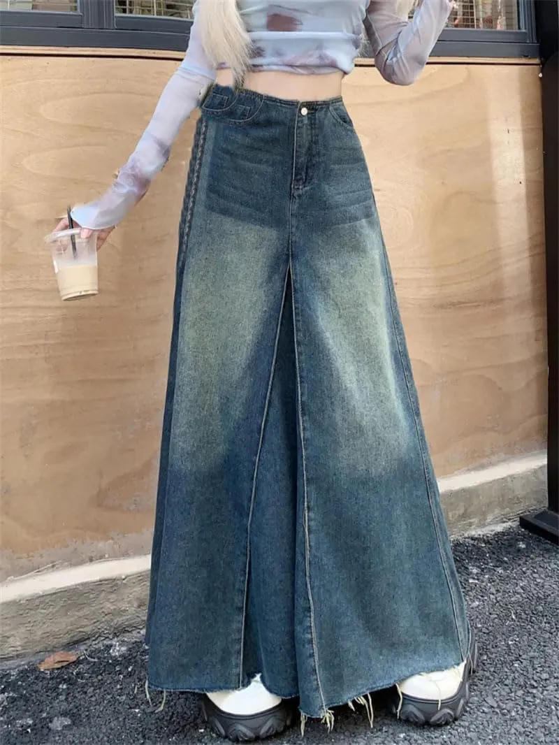 Women's Long Skirts Vintage A-Line Denim High Waist Casual Half Skirt