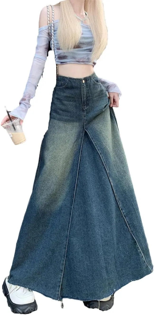 Women's Long Skirts Vintage A-Line Denim High Waist Casual Half Skirt