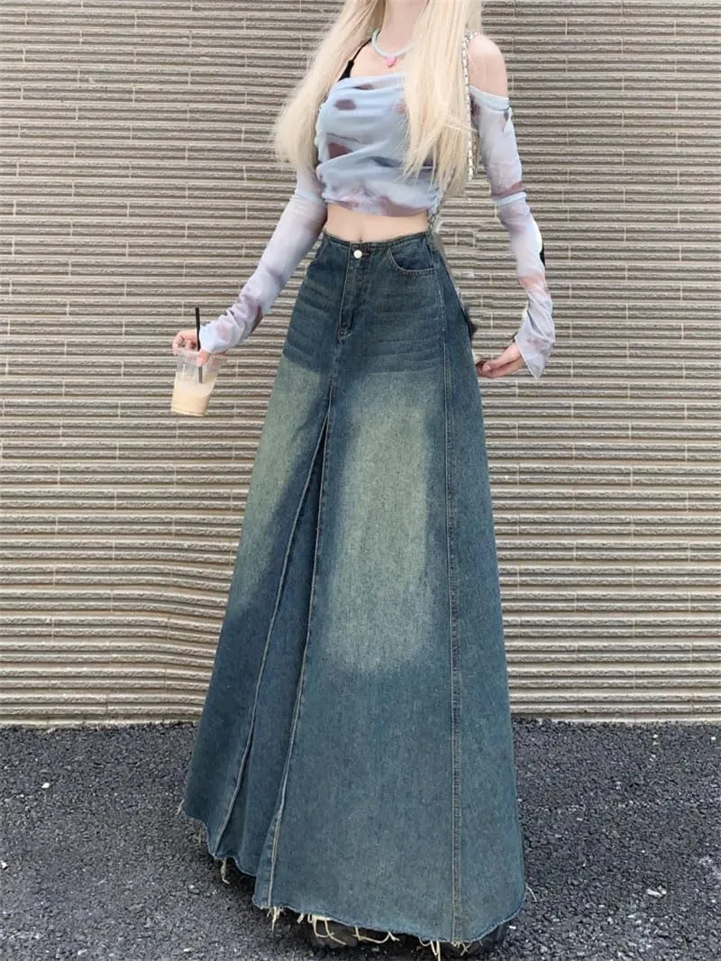 Women's Long Skirts Vintage A-Line Denim High Waist Casual Half Skirt