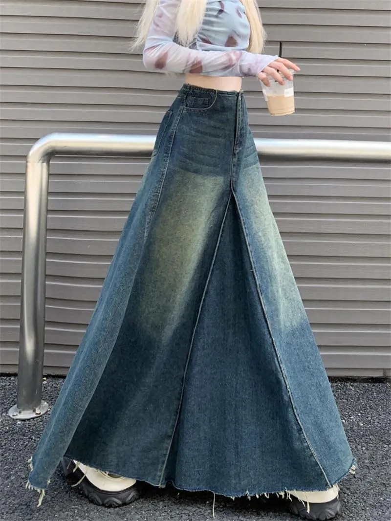 Women's Long Skirts Vintage A-Line Denim High Waist Casual Half Skirt