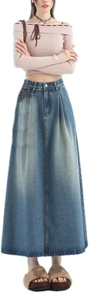 Women's Loose Fitting Two-Layer Pleated Skirt with Pockets Denim Skirts