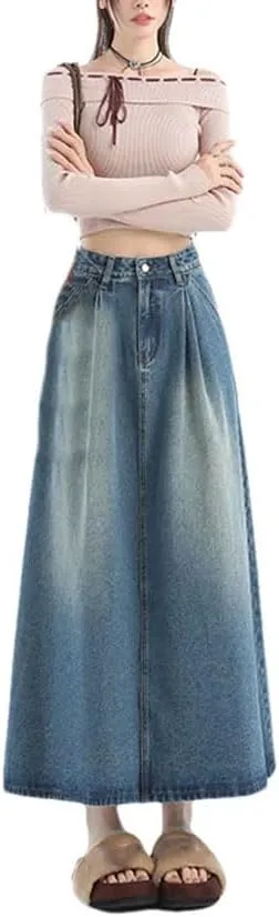Women's Loose Fitting Two-Layer Pleated Skirt with Pockets Denim Skirts