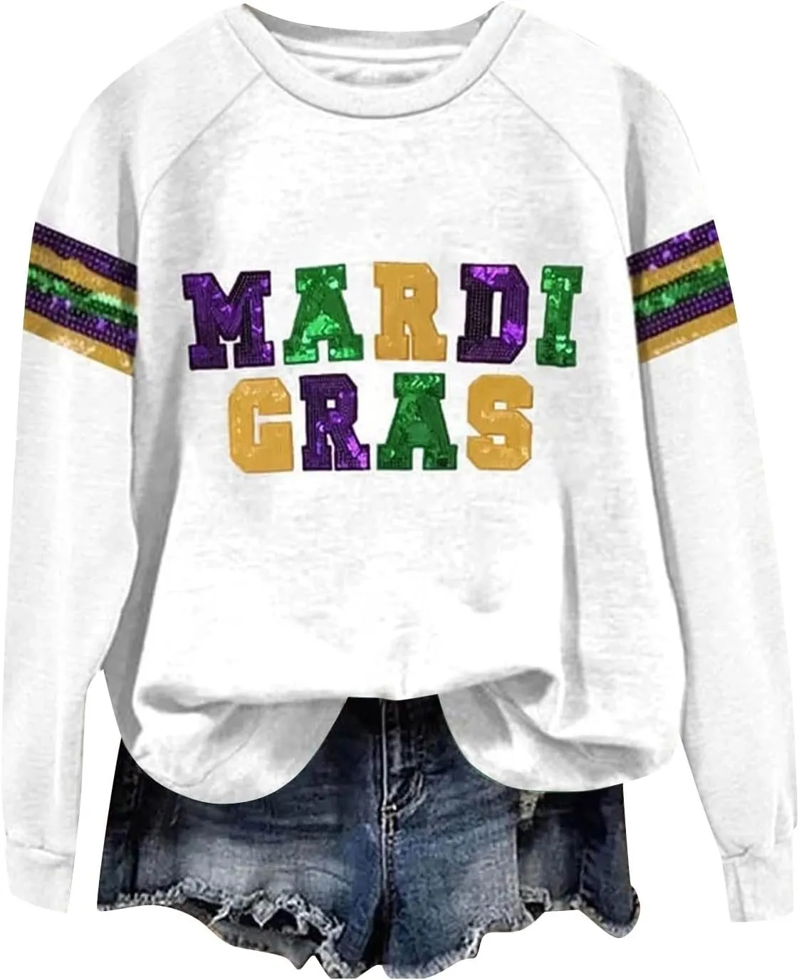 Womens Mardi Gras Sweatshirt Holiday Party Sequin Cozy Printed Trendy Blouse Street Sports Hiking Casual Pullover Top