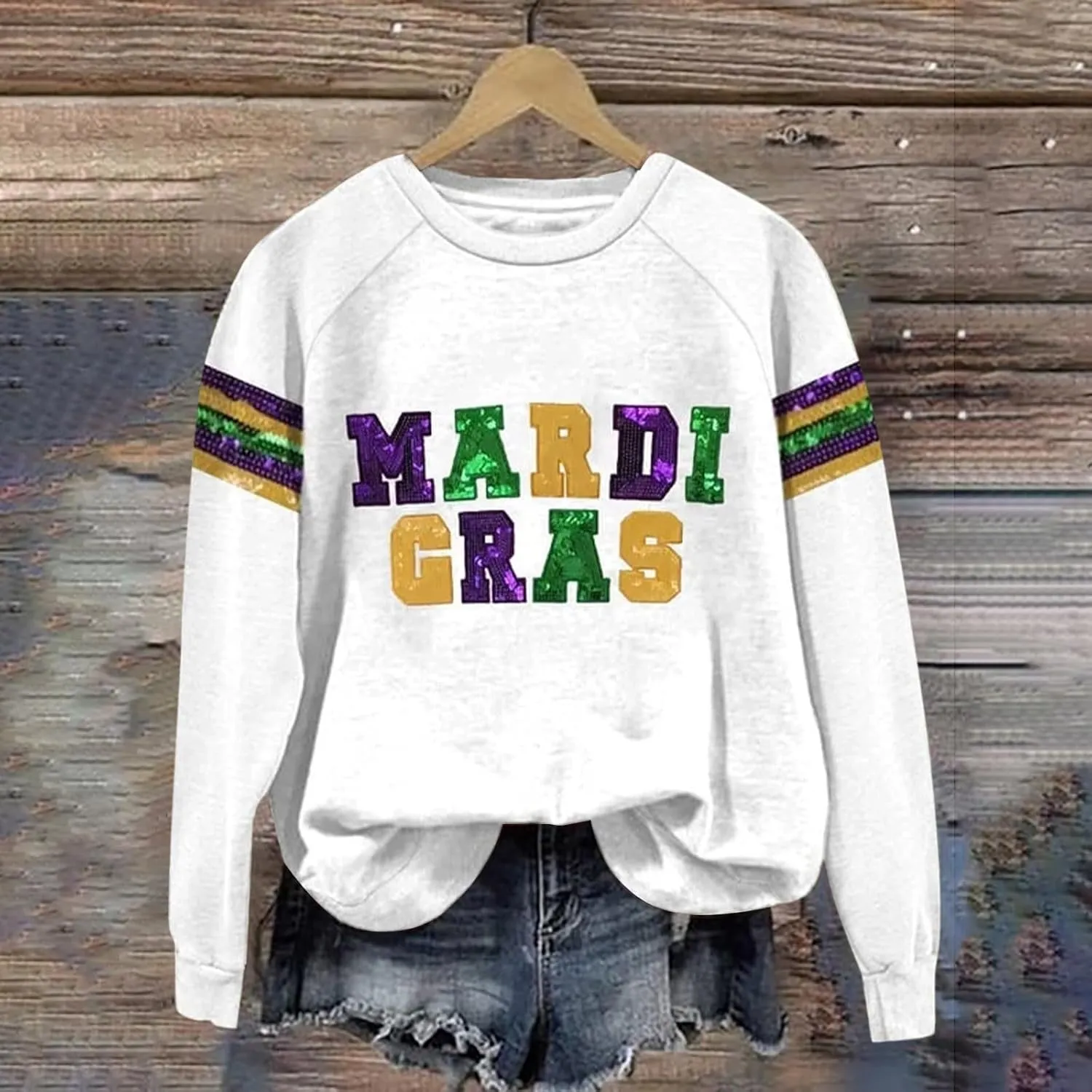 Womens Mardi Gras Sweatshirt Holiday Party Sequin Cozy Printed Trendy Blouse Street Sports Hiking Casual Pullover Top
