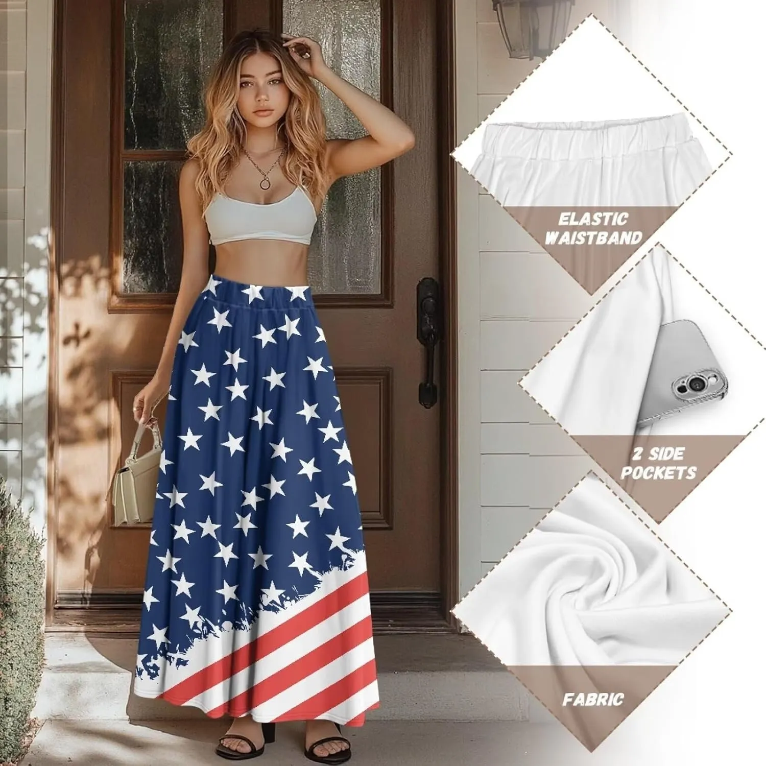 Women's Maxi High Waist Pleated Skirt Casual Long Skirts Ankle Length Flowy Swing Party Skirt with Pockets