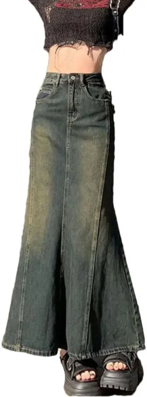 Women's Mermaid Denim Skirts Vintage High Waist Bandage Floor-Length Skirt
