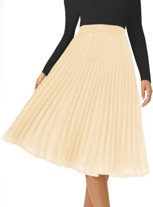 Women's Midi Skirt Elastic High Waist Pleated Skirt Knee Length Swing A-Line Casual Flowy Skirts 2025