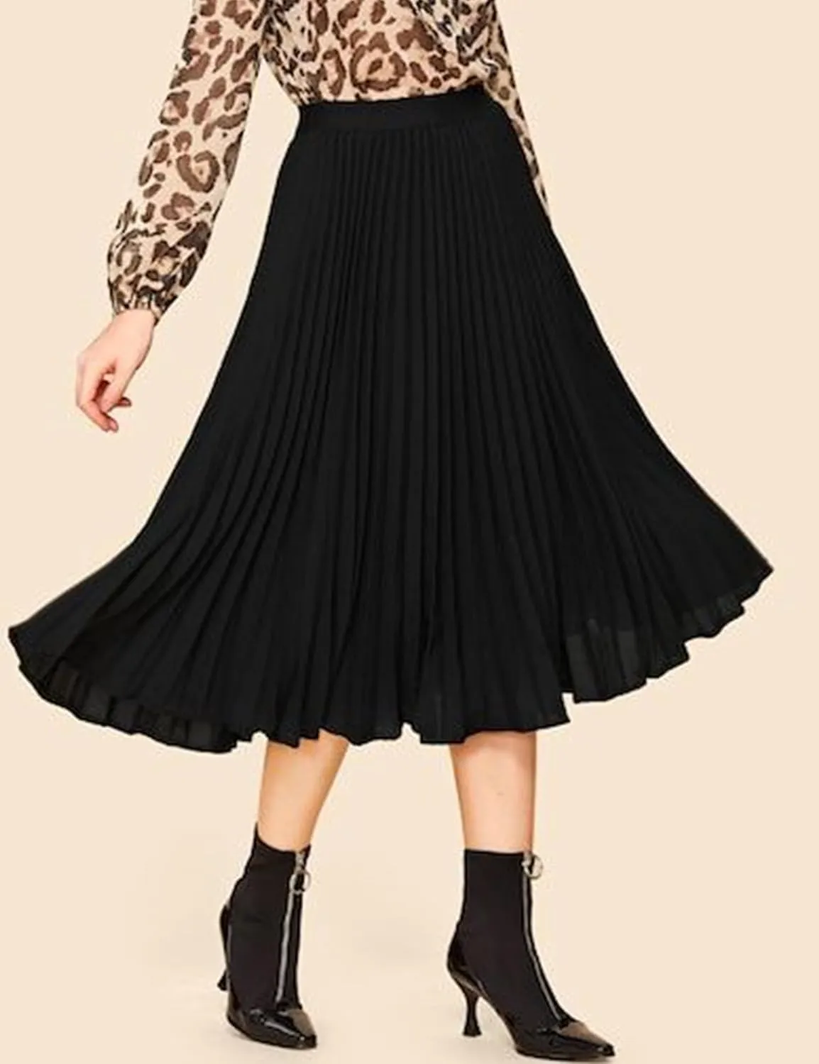 Women's Midi Skirt Elastic High Waist Pleated Skirt Knee Length Swing A-Line Casual Flowy Skirts 2025