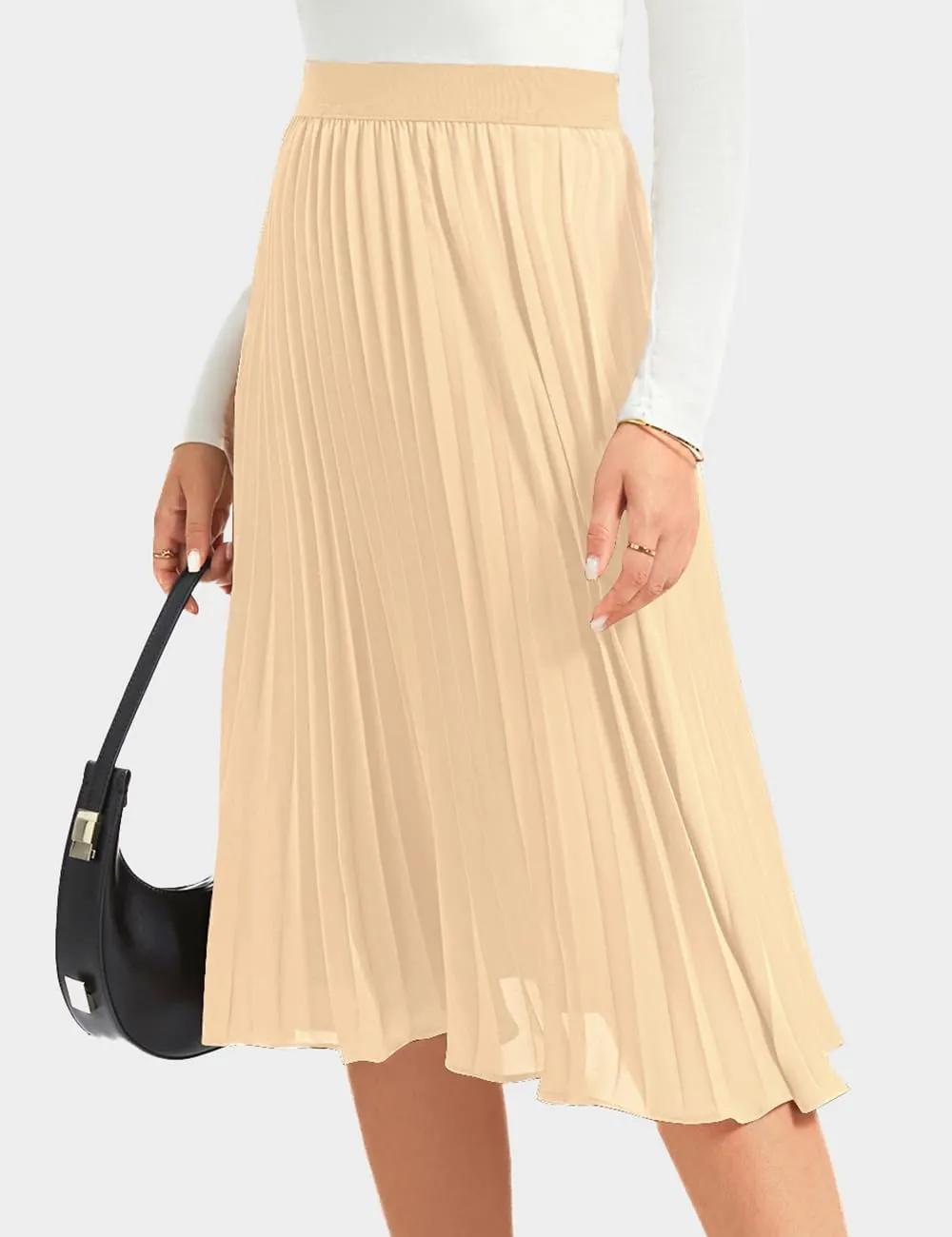 Women's Midi Skirt Elastic High Waist Pleated Skirt Knee Length Swing A-Line Casual Flowy Skirts 2025