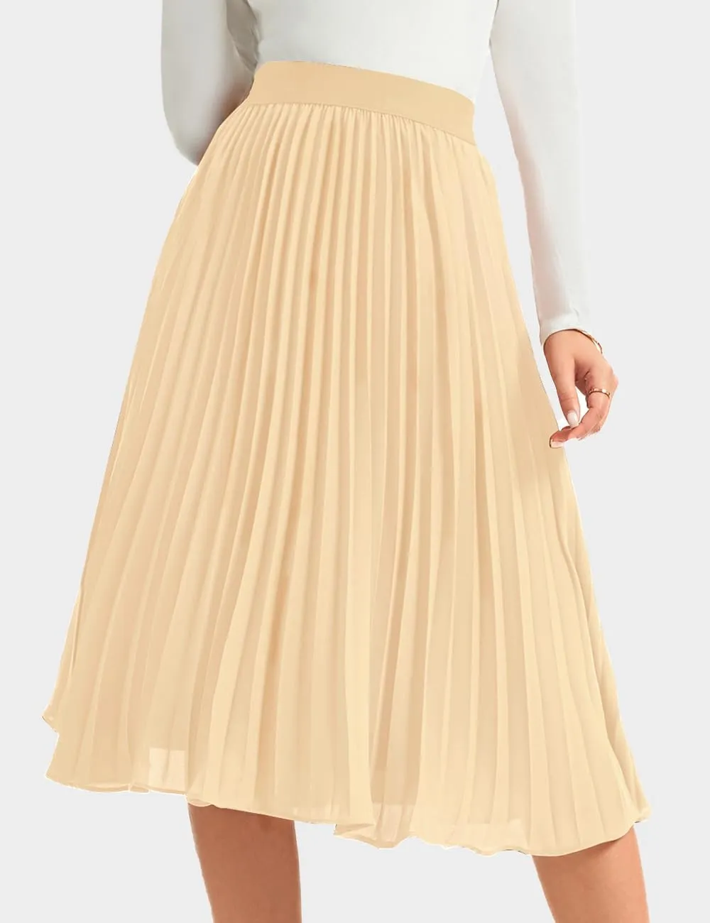 Women's Midi Skirt Elastic High Waist Pleated Skirt Knee Length Swing A-Line Casual Flowy Skirts 2025