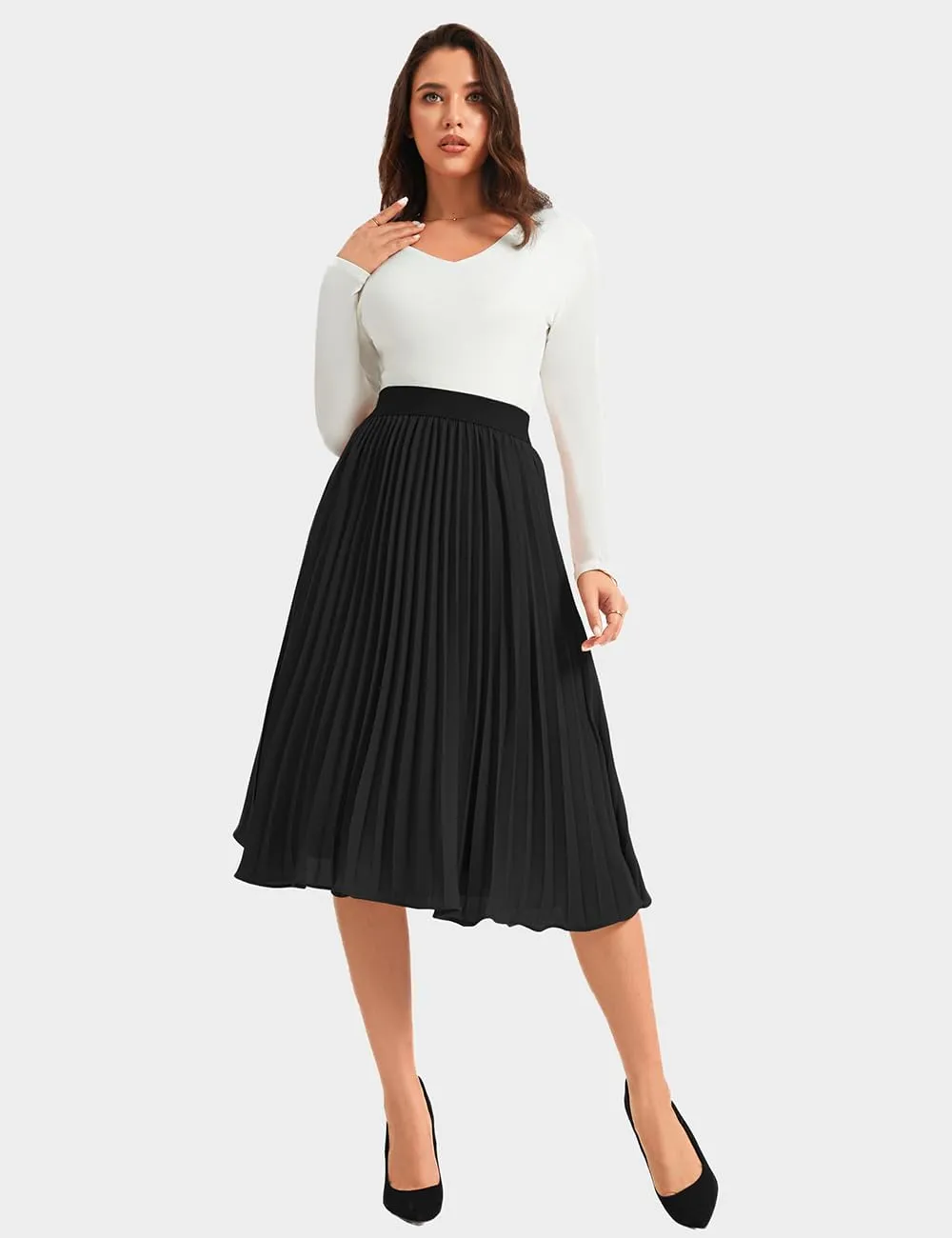 Women's Midi Skirt Elastic High Waist Pleated Skirt Knee Length Swing A-Line Casual Flowy Skirts 2025