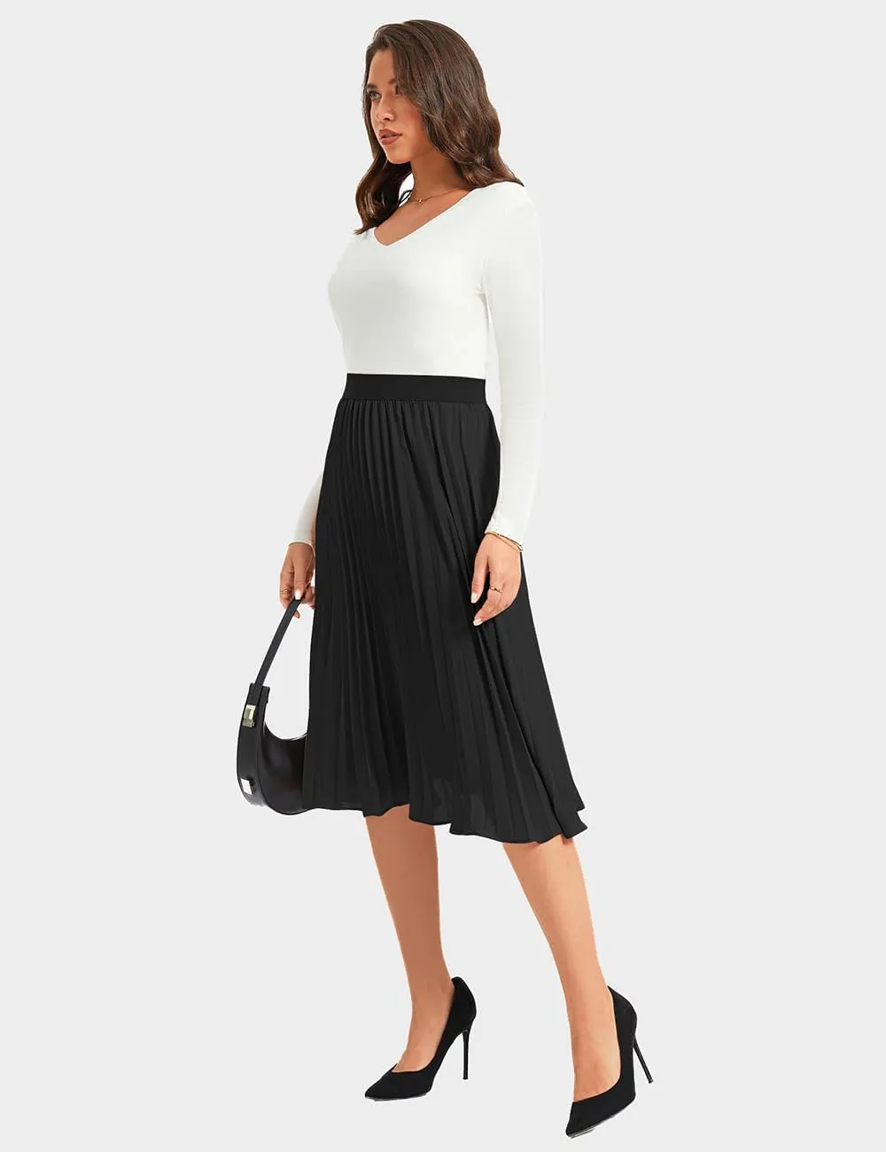 Women's Midi Skirt Elastic High Waist Pleated Skirt Knee Length Swing A-Line Casual Flowy Skirts 2025