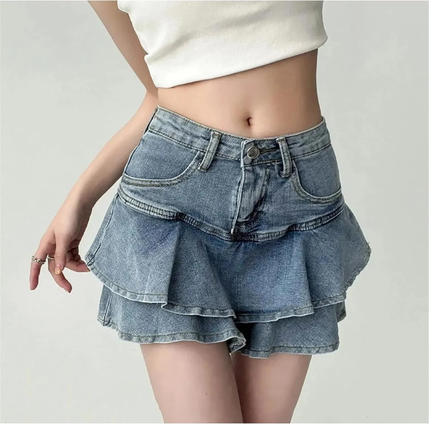 Women's Mini Denim Skirt Sexy High-Waisted Ruffles Flared Pleated Jean Skorts Skirts