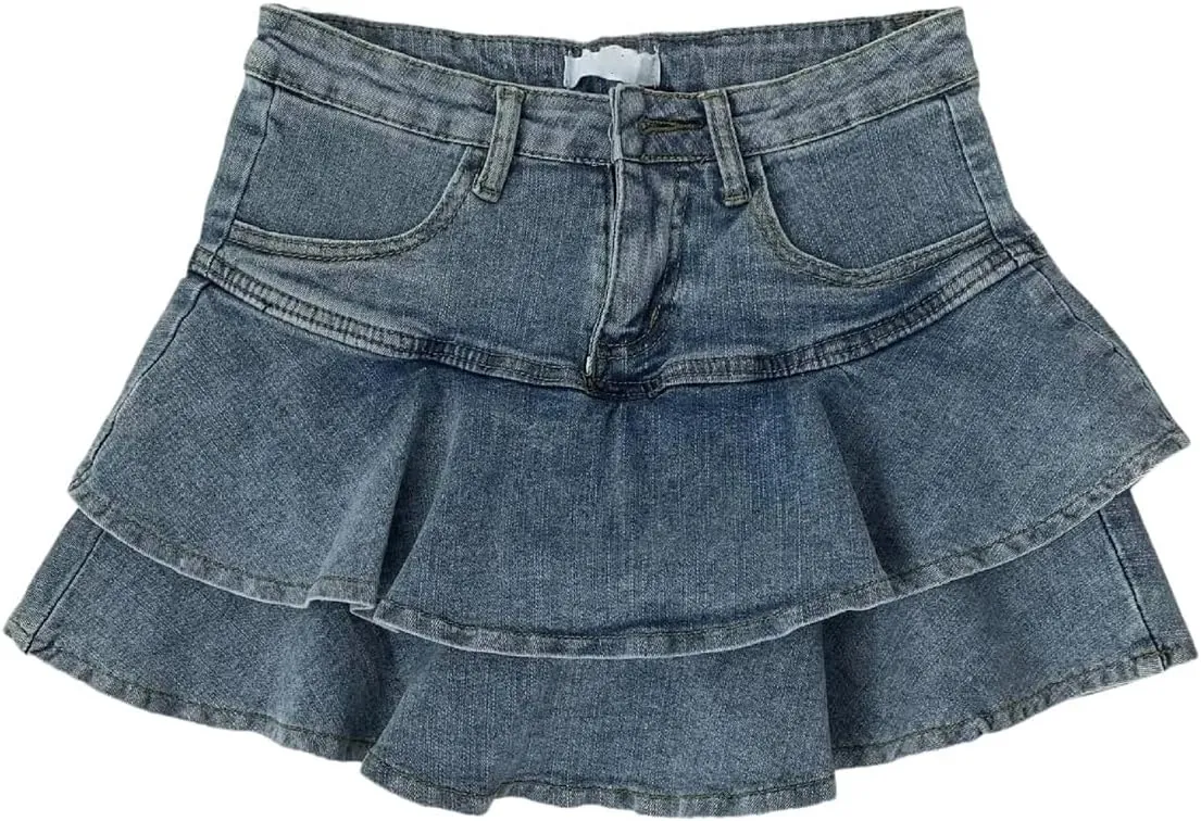 Women's Mini Denim Skirt Sexy High-Waisted Ruffles Flared Pleated Jean Skorts Skirts