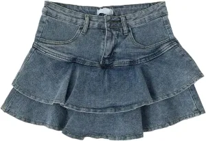 Women's Mini Denim Skirt Sexy High-Waisted Ruffles Flared Pleated Jean Skorts Skirts