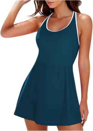 Womens One Piece Swimsuit Crewneck Cute Tummy Control Adjustable Straps Bathing Suits 2025 Casual Slimming Swim Dress