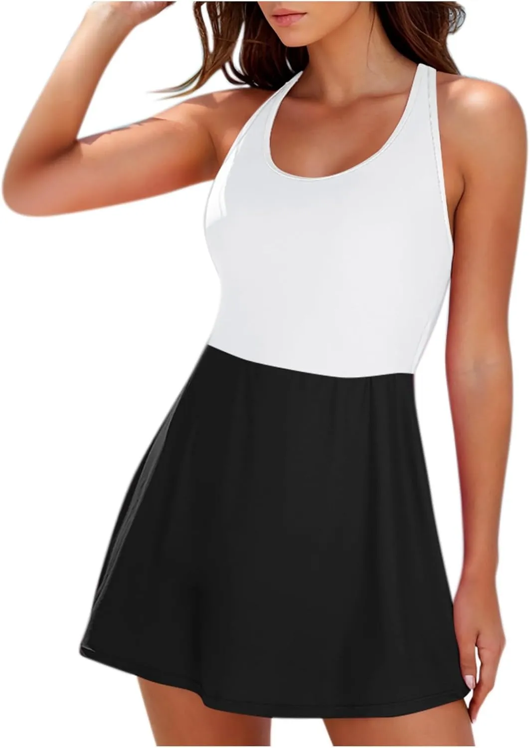 Womens One Piece Swimsuit Skirt Tummy Control Bathing Suit Color Block Swim Dress Swimwear with Pockets 2025 Summer