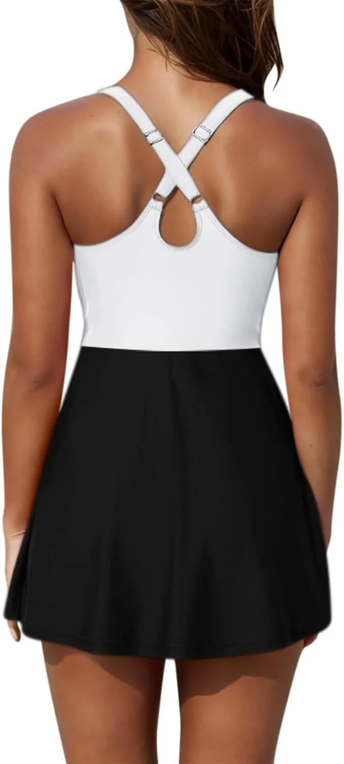 Womens One Piece Swimsuit Skirt Tummy Control Bathing Suit Color Block Swim Dress Swimwear with Pockets 2025 Summer