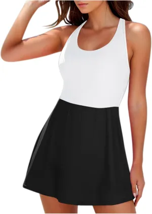 Womens One Piece Swimsuit Skirt Tummy Control Bathing Suit Color Block Swim Dress Swimwear with Pockets 2025 Summer