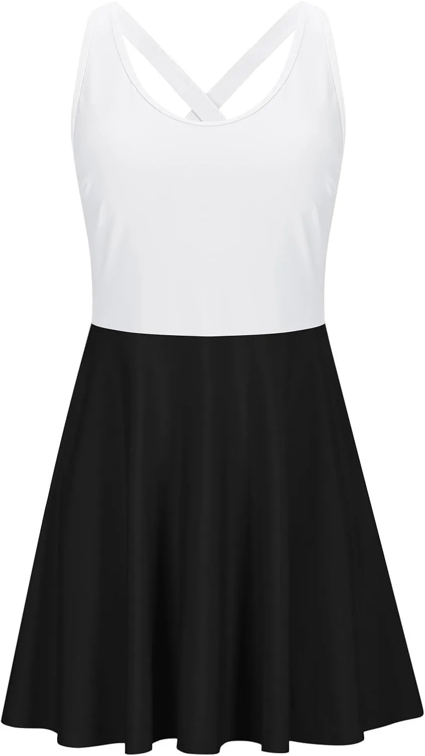 Womens One Piece Swimsuit Skirt Tummy Control Bathing Suit Color Block Swim Dress Swimwear with Pockets 2025 Summer