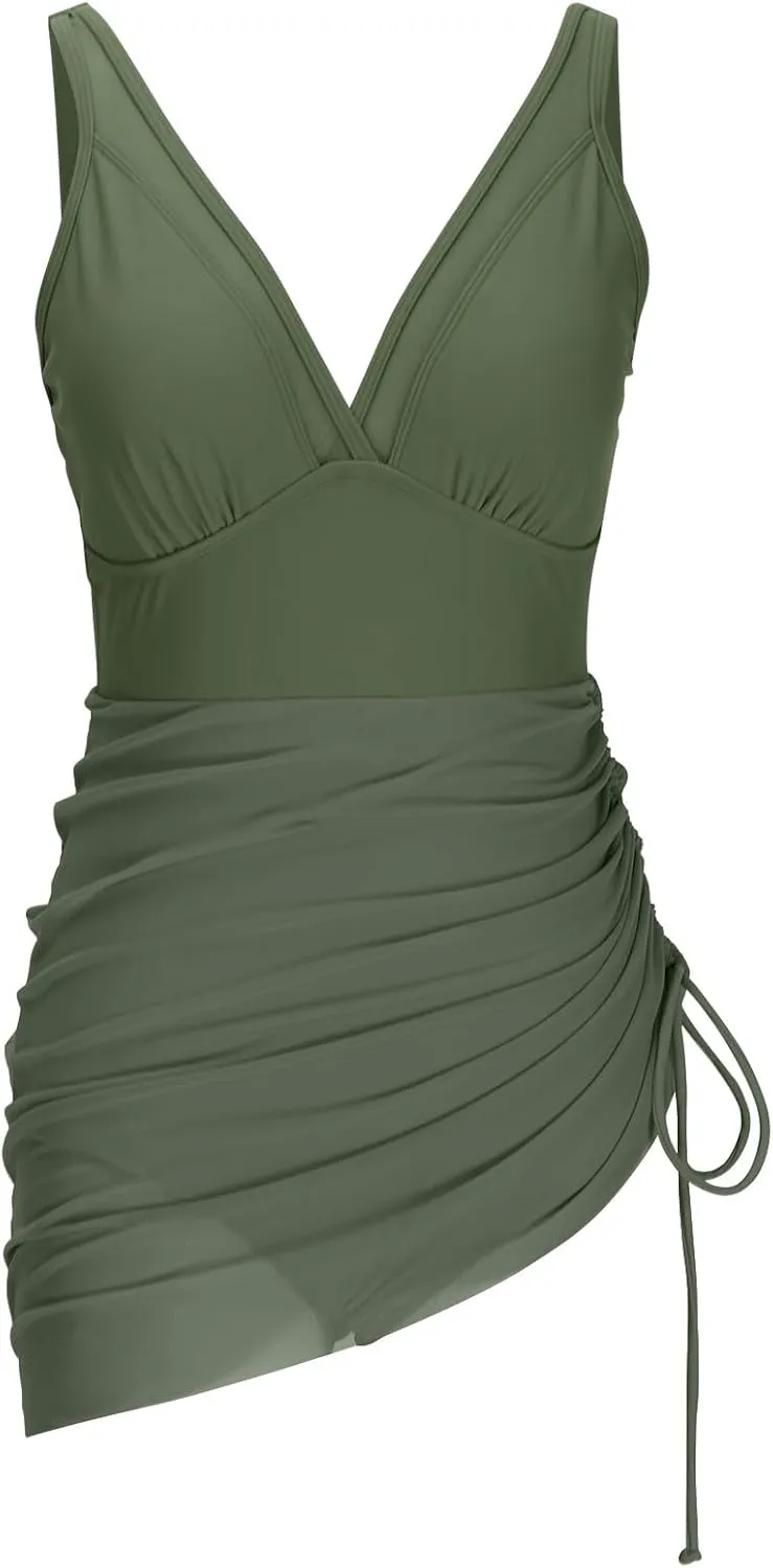 Womens One Piece Swimsuit Skirt Tummy Control Bathing Suit Drawstring Swim Dress Slimming Smocked Ruched Swimdress
