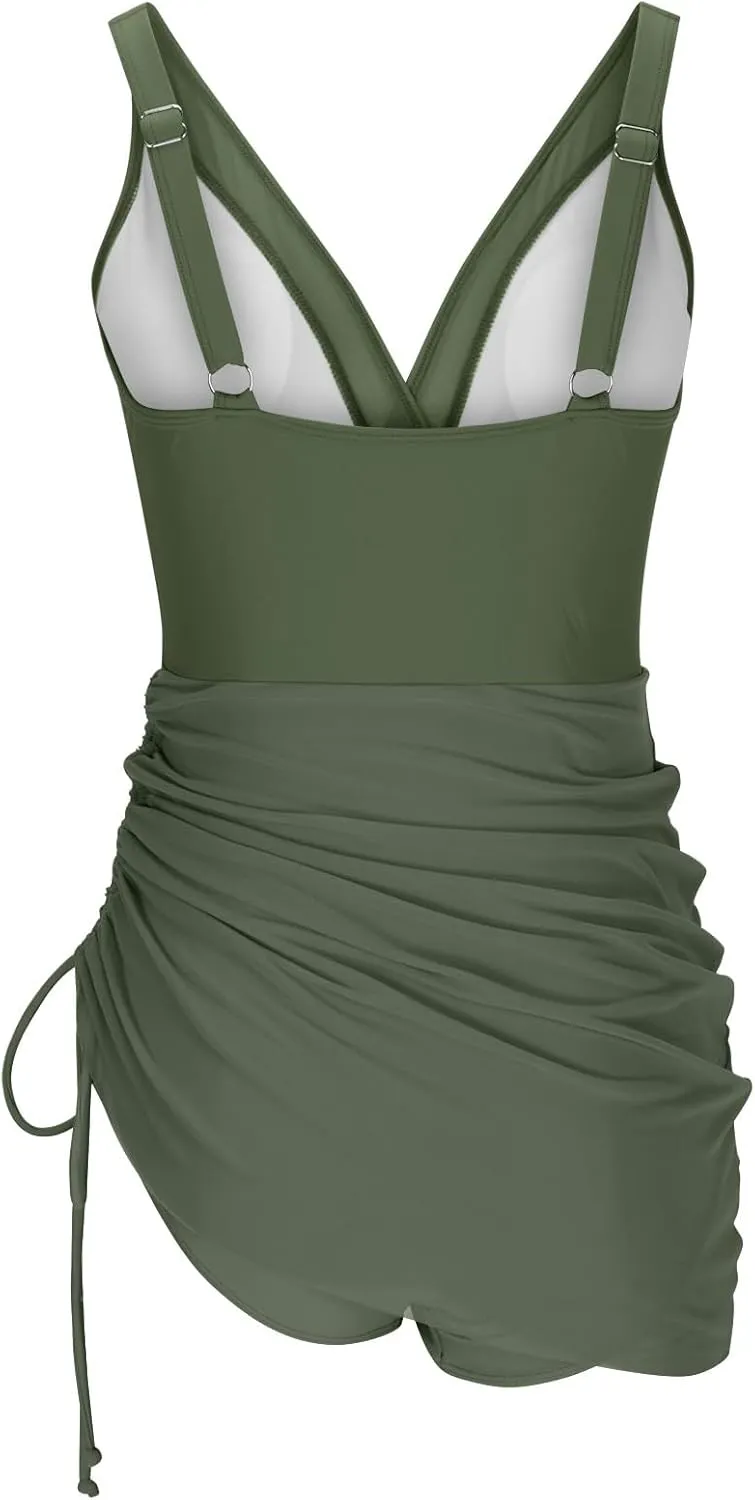 Womens One Piece Swimsuit Skirt Tummy Control Bathing Suit Drawstring Swim Dress Slimming Smocked Ruched Swimdress