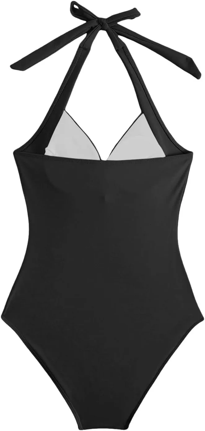 Women's One Piece Swimsuit Tummy Control Strapless V Neck Ruched Bathing Suits Halter Tankini Sexy Backless Swimwear