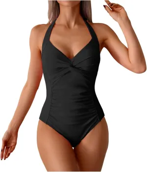 Women's One Piece Swimsuit Tummy Control Strapless V Neck Ruched Bathing Suits Halter Tankini Sexy Backless Swimwear