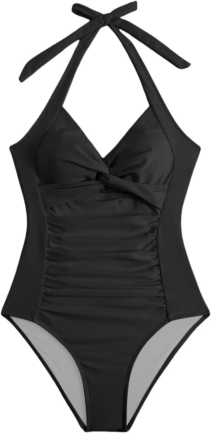 Women's One Piece Swimsuit Tummy Control Strapless V Neck Ruched Bathing Suits Halter Tankini Sexy Backless Swimwear