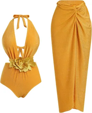 Women's One Piece Swimsuit with Beach Cover up Wrap Skirt Floral Tummy Control Summer Beachwear Bathing Suit