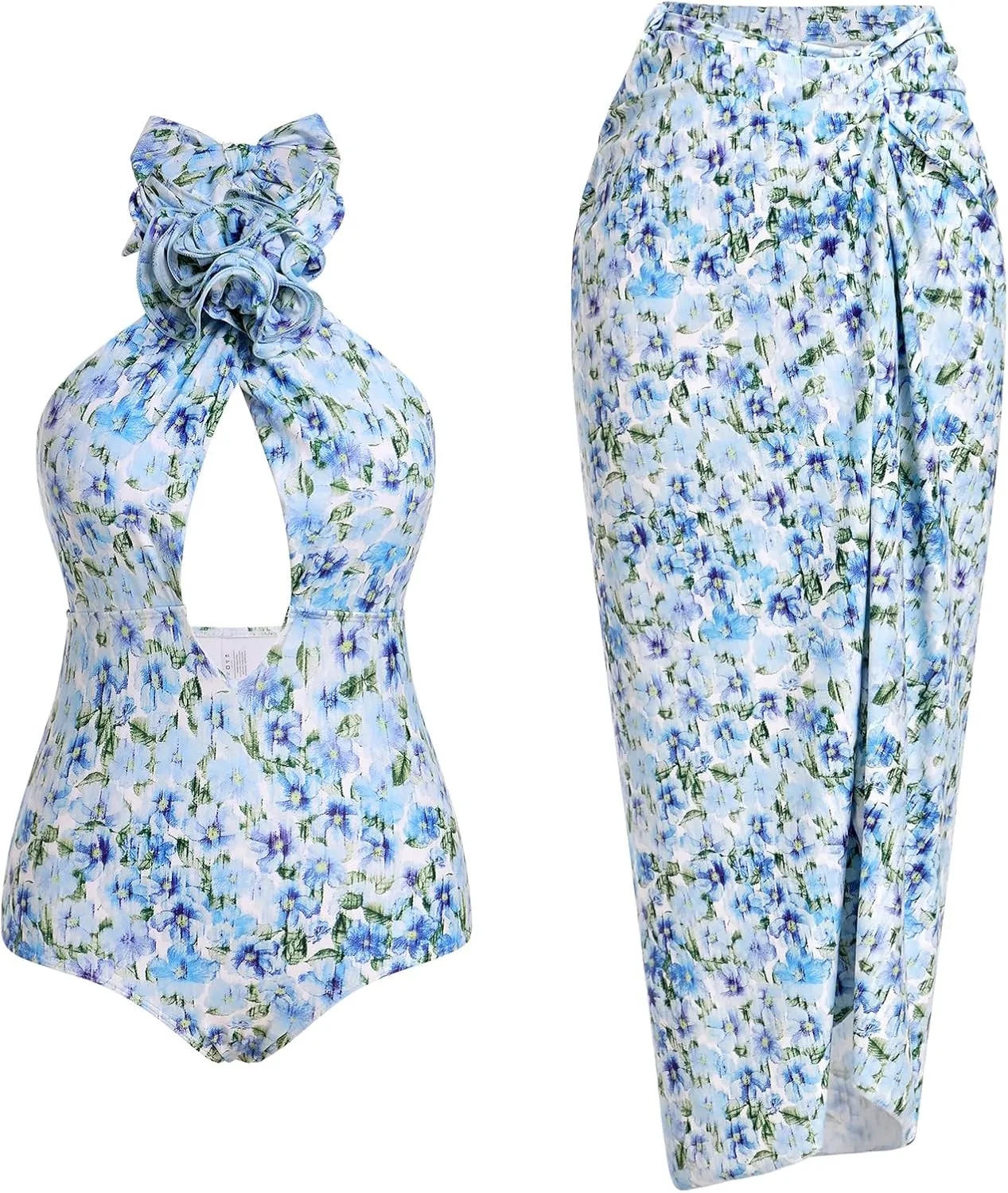 Women's One Piece Swimsuit with Beach Cover up Wrap Skirt Floral Tummy Control Summer Beachwear Bathing Suit
