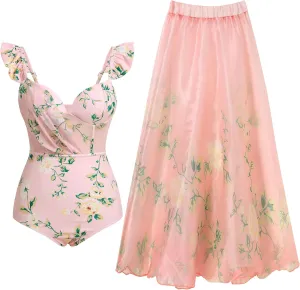 Women's One Piece Swimsuit with Beach Cover up Wrap Skirt Floral Tummy Control Summer Beachwear Bathing Suit