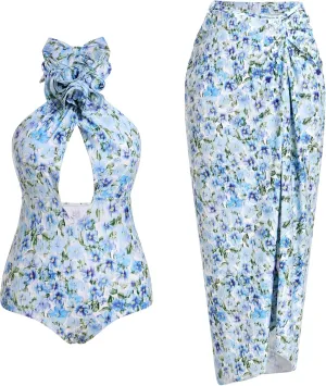 Women's One Piece Swimsuit with Beach Cover up Wrap Skirt Floral Tummy Control Summer Beachwear Bathing Suit