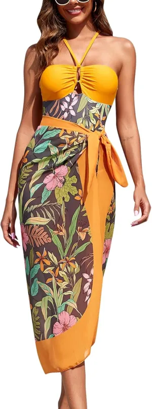 Women's One Piece Swimsuit with Cover Up Set Wrap Skirt Sleeveless Floral Beach Swimwear Sarong Bathing Suit