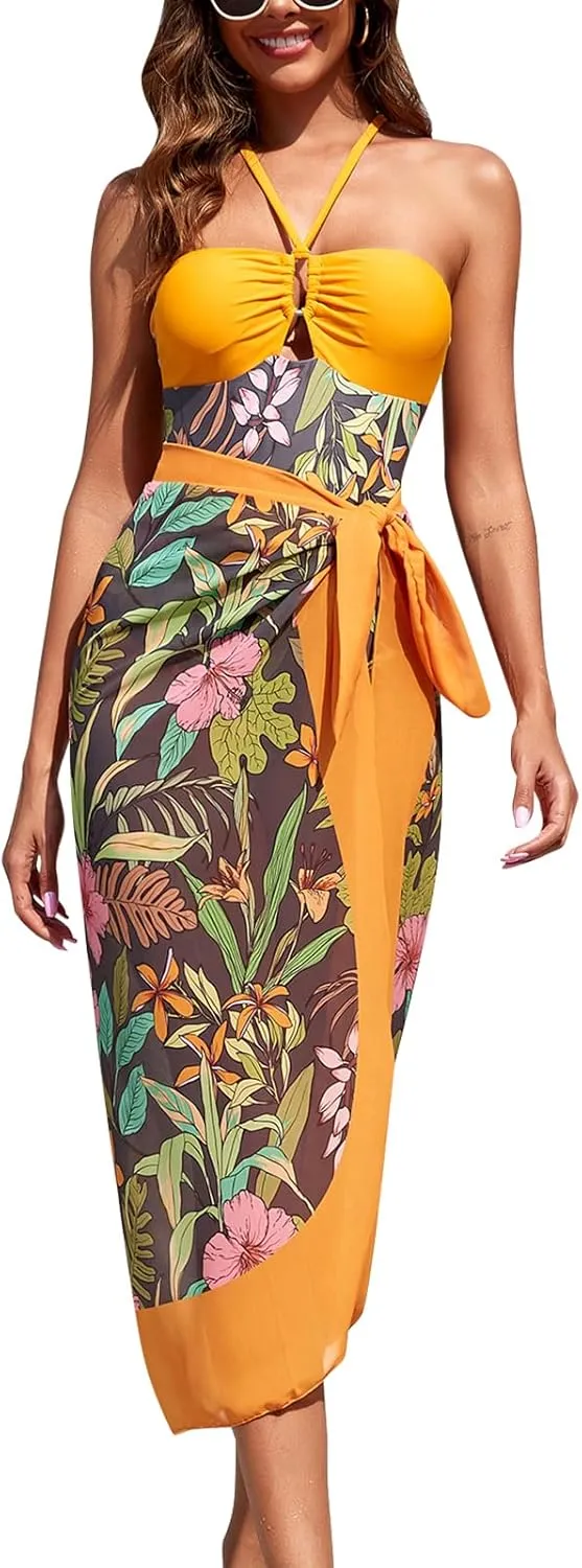 Women's One Piece Swimsuit with Cover Up Set Wrap Skirt Sleeveless Floral Beach Swimwear Sarong Bathing Suit