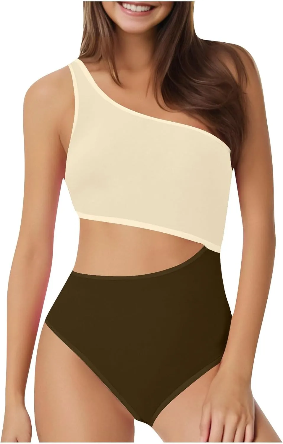 Women's One Piece Swimsuits One Shoulder Tummy Cutout Control High Waisted Bathing Suit Color Block Slimming Swimwear
