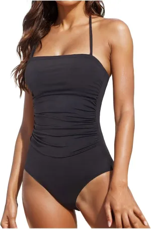 Women's One Piece Swimsuits Tummy Control Bathing Suits for Women Square Neck Backless Ruched Push Up Halter Swimwear