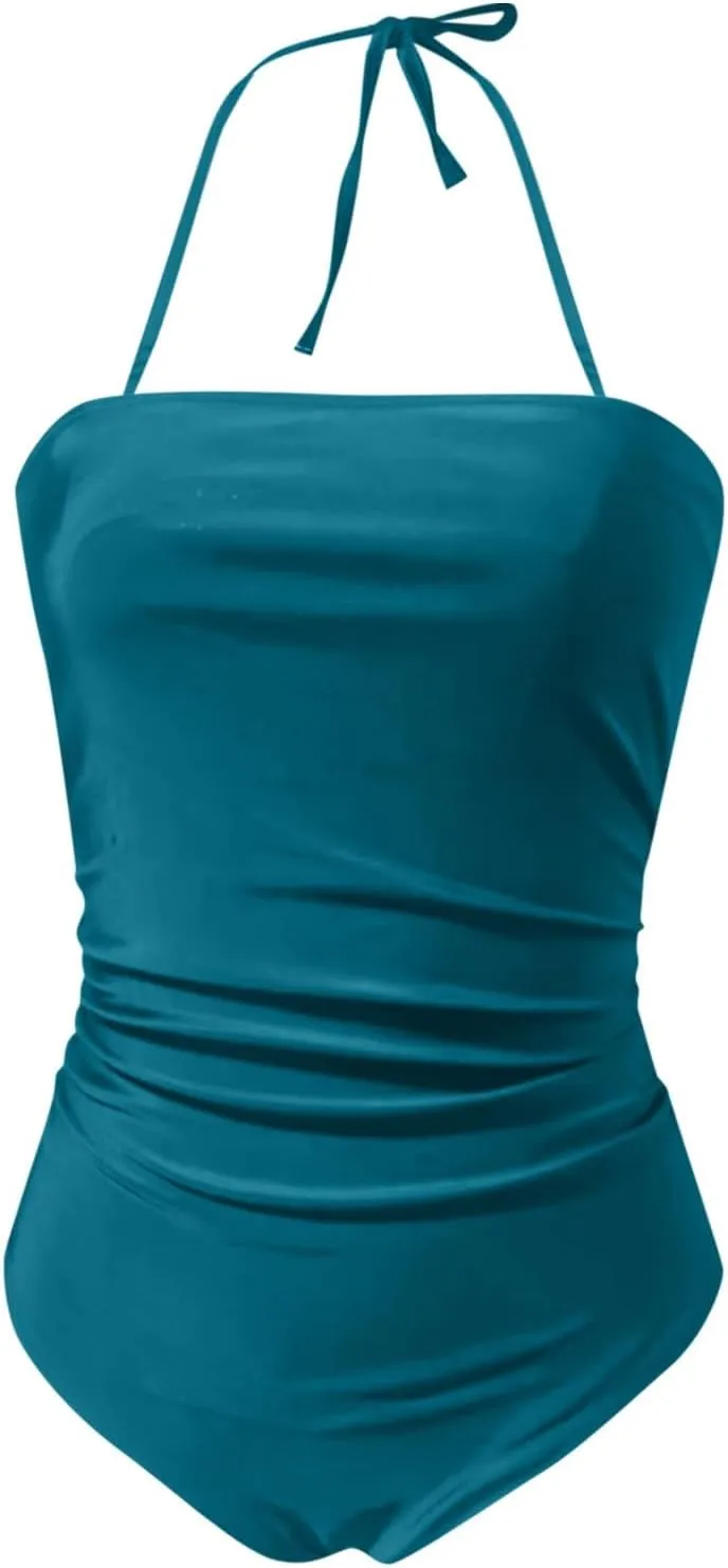 Women's One Piece Swimsuits Tummy Control Bathing Suits for Women Square Neck Backless Ruched Push Up Halter Swimwear