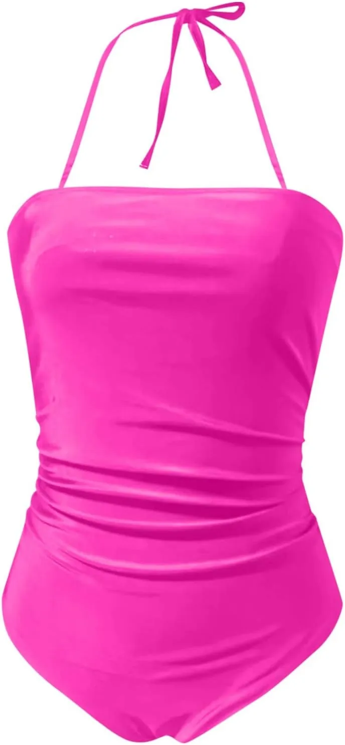 Women's One Piece Swimsuits Tummy Control Bathing Suits for Women Square Neck Backless Ruched Push Up Halter Swimwear
