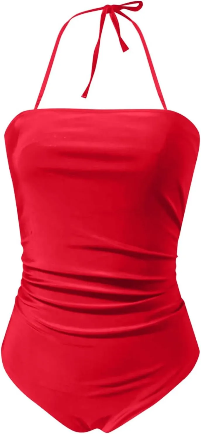 Women's One Piece Swimsuits Tummy Control Bathing Suits for Women Square Neck Backless Ruched Push Up Halter Swimwear