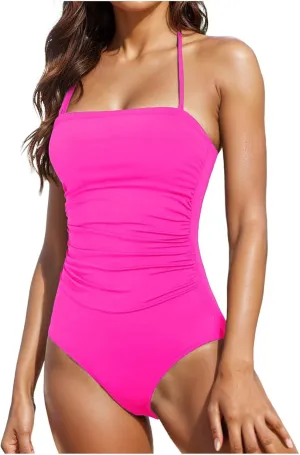 Women's One Piece Swimsuits Tummy Control Bathing Suits for Women Square Neck Backless Ruched Push Up Halter Swimwear