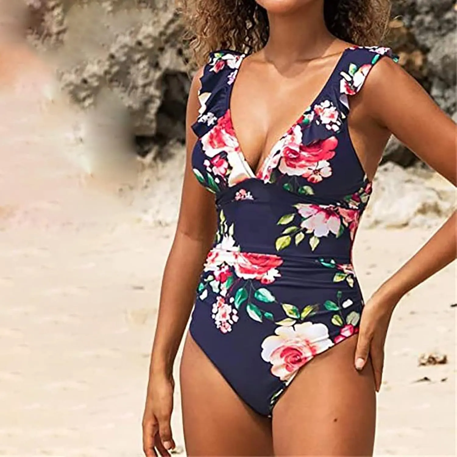 Women's One Piece Swimsuits Tummy Control High Waisted Floral V Neck Hollow Backless Shapewear Swimsuits for Women