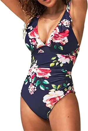 Women's One Piece Swimsuits Tummy Control High Waisted Floral V Neck Hollow Backless Shapewear Swimsuits for Women