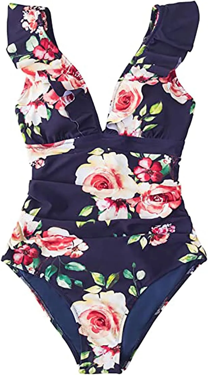 Women's One Piece Swimsuits Tummy Control High Waisted Floral V Neck Hollow Backless Shapewear Swimsuits for Women