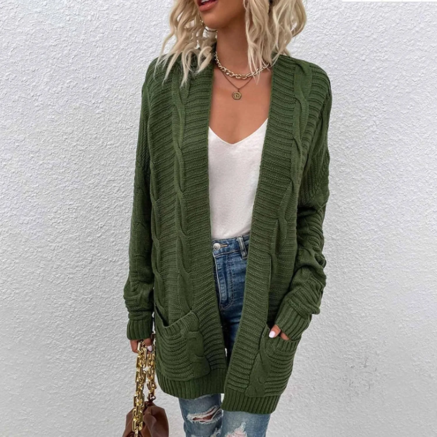 Womens Open Front Cardigan Sweater Fall Cable Knit Chunky Outerwear with Pockets Casual Long Sleeve Lightweight Coat